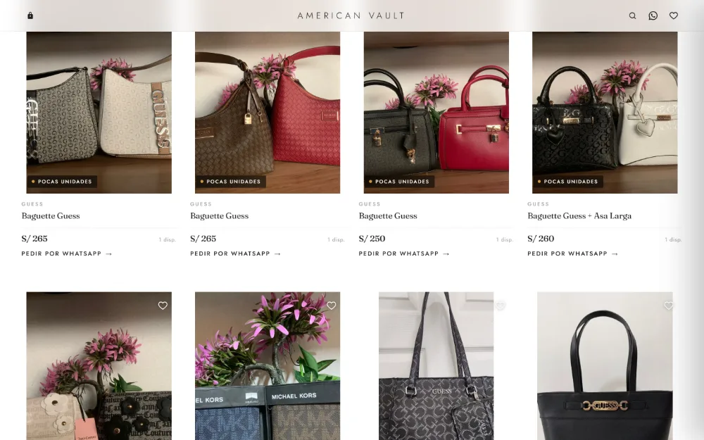 Catálogo en vivo de American Vault: rejilla de carteras con marca, precio y disponibilidad